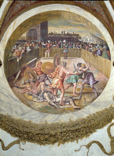 Escena que muestra que aquellos nacidos bajo el signo de Tauro en conjunción con la constelación de las Pléyades tienen aptitud para la lucha, simbolizado por un combate de gladiadores de Giulio Romano